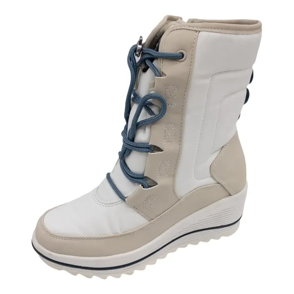 Khombu Waterproof Lace-Up Inside Zip Wedge Winter Boots Women's 6 White Tan